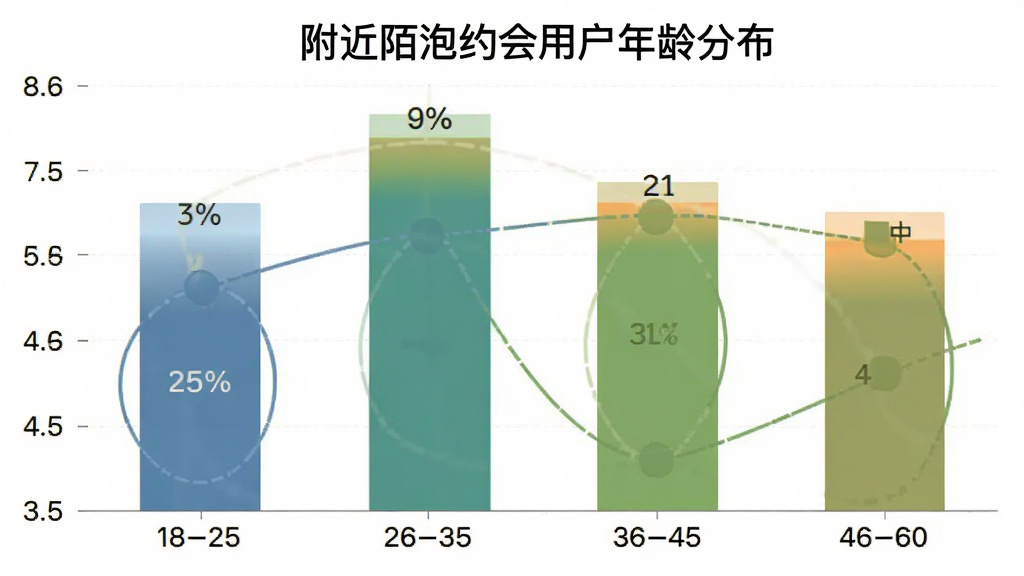 柱状图展示附近陌泡约会用户年龄分布,18到25岁占百分之二十五,26到35岁占百分之四十,36到45岁占百分之二十,46到60岁占百分之十五,图表清晰,配色简洁,背景白色,画质干净