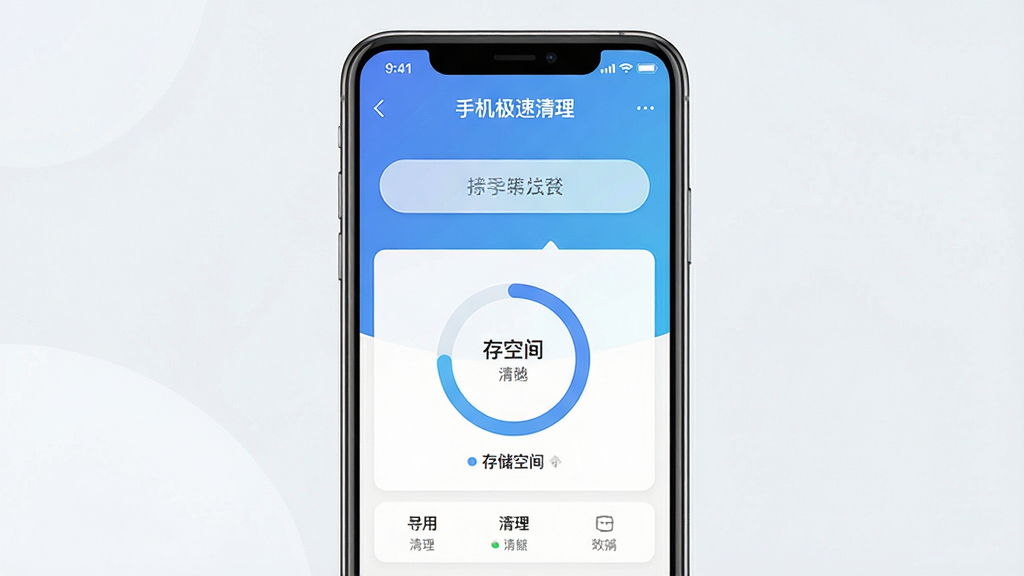 一张手机屏幕显示手机极速清理应用主界面的详细画面,主体是一部竖屏智能手机,布局为居中展示,排版是手机屏幕占画面主体,风格为现代扁平科技风,细节包括屏幕内显示“手机极速清理”应用界面,有醒目的清理按钮和存储空间圆环图,背景为简约的蓝白渐变色调,画质干净清晰,无多余元素