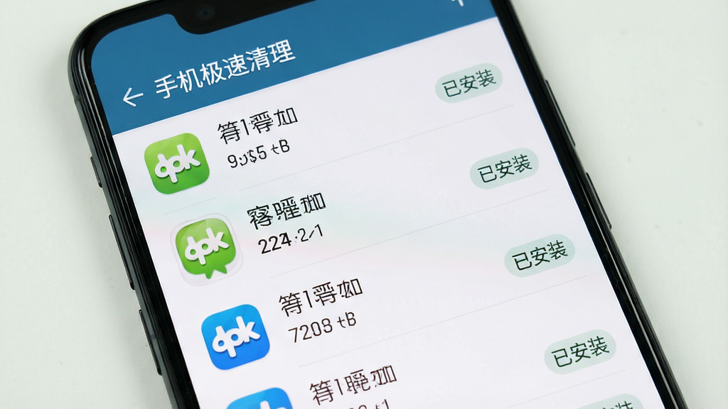 一张手机屏幕显示手机极速清理安装包管理界面的画面,主体是手机,布局为列表形式,排版是每个安装包一行,风格为极简的清单风格,细节包括apk图标、文件名称、文件大小和“已安装”标签,屏幕上方有“手机极速清理”文字,画质清晰,无多余元素