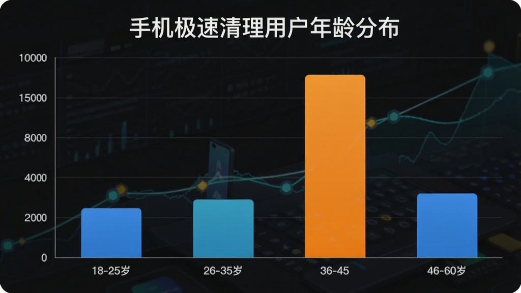 一张手机极速清理用户年龄分布柱状图,主体是柱状图图表,布局为横轴是年龄段、纵轴是人数占比,排版清晰,风格为现代数据可视化风格,细节包括18-25岁、26-35岁、36-45岁、46-60岁四个柱子,其中26-35岁柱子最高,图表顶部有“手机极速清理用户年龄分布”标题,画质干净,无多余元素