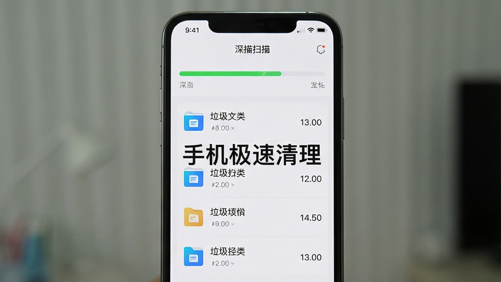 一个手机屏幕画面,主体是手机极速清理应用的深度扫描功能界面,布局为上下结构,上方显示扫描进度条,下方列出已发现的垃圾文件分类,排版整齐,风格是简洁明快的工具类APP风格,细节包括文件图标和大小数字,画面中央有“手机极速清理”的文字标识,画质清晰,无多余元素