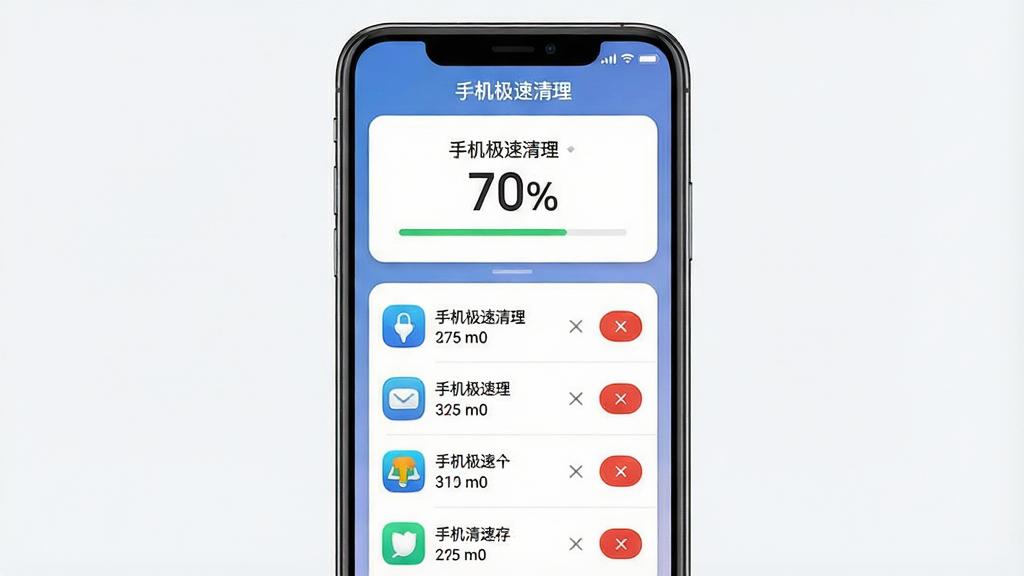 一张展示手机极速清理内存加速功能的画面,主体是手机屏幕,布局为居中,排版是上方显示内存占用百分比,下方是应用列表和关闭按钮,风格为简洁的卡片式设计,细节包括不同应用的图标和内存占用数值,屏幕中有“手机极速清理”字样,画质干净,无多余元素