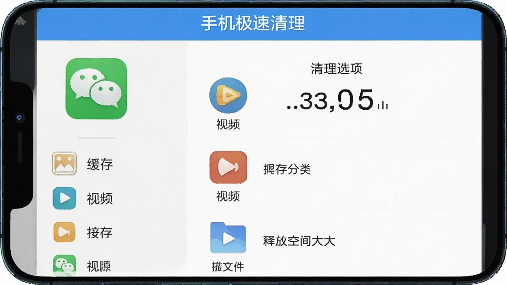 手机极速清理应用的微信专清功能界面,主体是手机屏幕,布局为左右分栏,左侧是微信图标和缓存分类,右侧是清理选项和释放空间大小,排版清晰,风格是清爽的工具界面,细节包括图片、视频、文件等分类图标,屏幕顶部有“手机极速清理”标识,画质干净,无多余元素