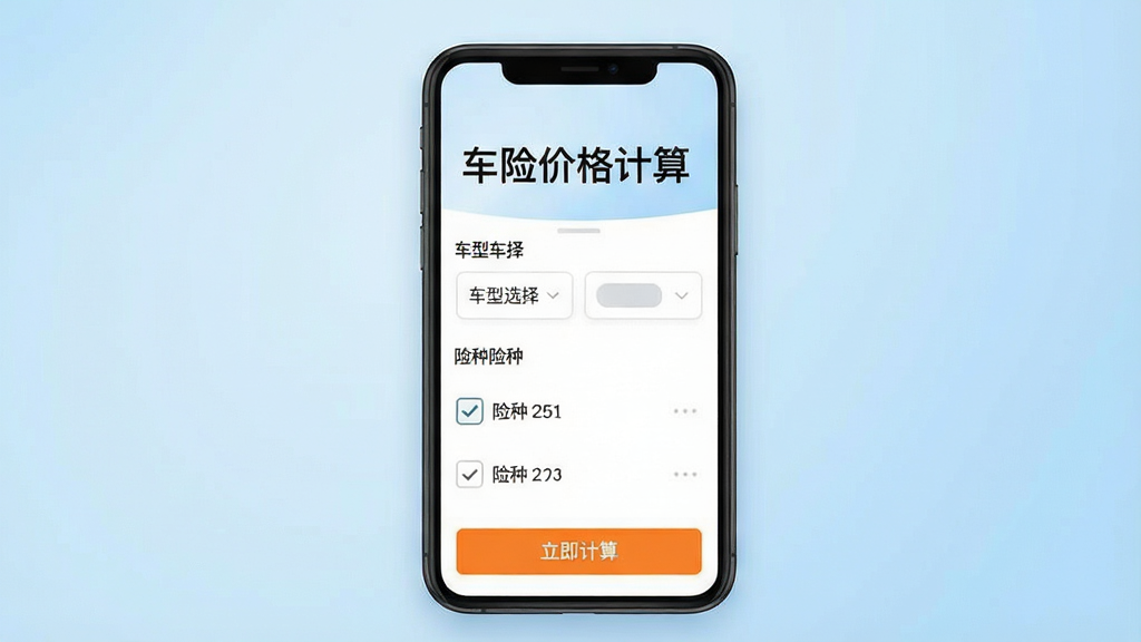 一张手机应用界面的展示图,画面中央是一部智能手机,屏幕上显示着车险价格计算的APP主界面,界面顶部有醒目的车险价格计算字样,中间是车型选择和险种勾选框,下方有一个橙色的立即计算按钮,背景是浅蓝色渐变,风格简洁现代,画质清晰干净,无多余元素