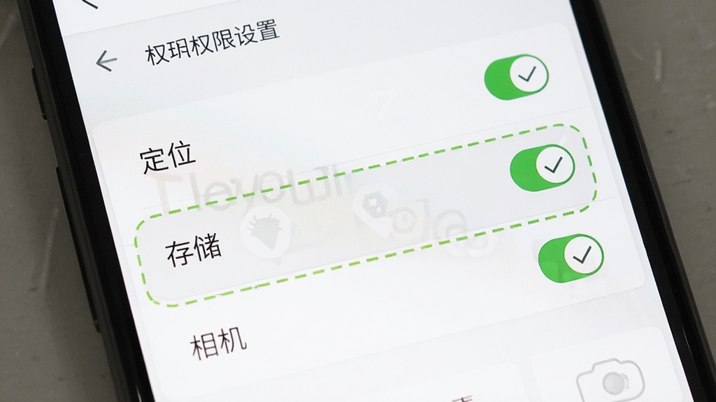 一张展示水印相机建筑权限设置界面的图片,画面中手机屏幕显示应用权限管理页面,列表中“定位”“存储”“相机”三个权限被高亮标注,旁边有对勾图标表示已开启,背景是简洁的白色界面,风格清晰直观,画质干净,无多余元素
