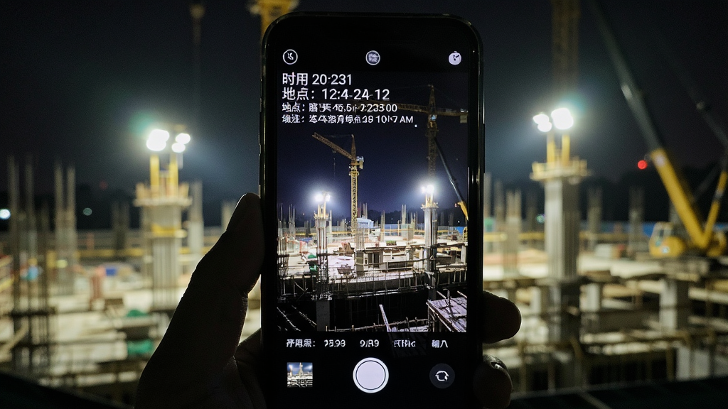 一张展示水印相机建筑夜间拍摄效果的图片,画面中手机屏幕显示夜晚建筑工地的场景,有灯光照射的施工区域,屏幕上方叠加了清晰可见的水印信息,包括时间、地点、施工内容等,画面亮度适中,噪点控制良好,风格真实自然,画质干净,无多余元素