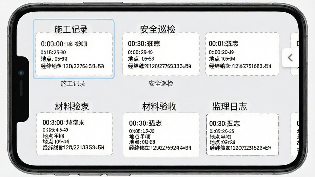 一张展示水印相机建筑水印模板选择界面的图片,画面中手机屏幕显示多个工程水印模板缩略图,包括“施工记录”“安全巡检”“材料验收”“监理日志”等标签,每个模板缩略图上都清晰展示时间、地点、经纬度等水印信息,背景是简洁的浅灰色界面,风格干净整洁,画质清晰,无多余元素