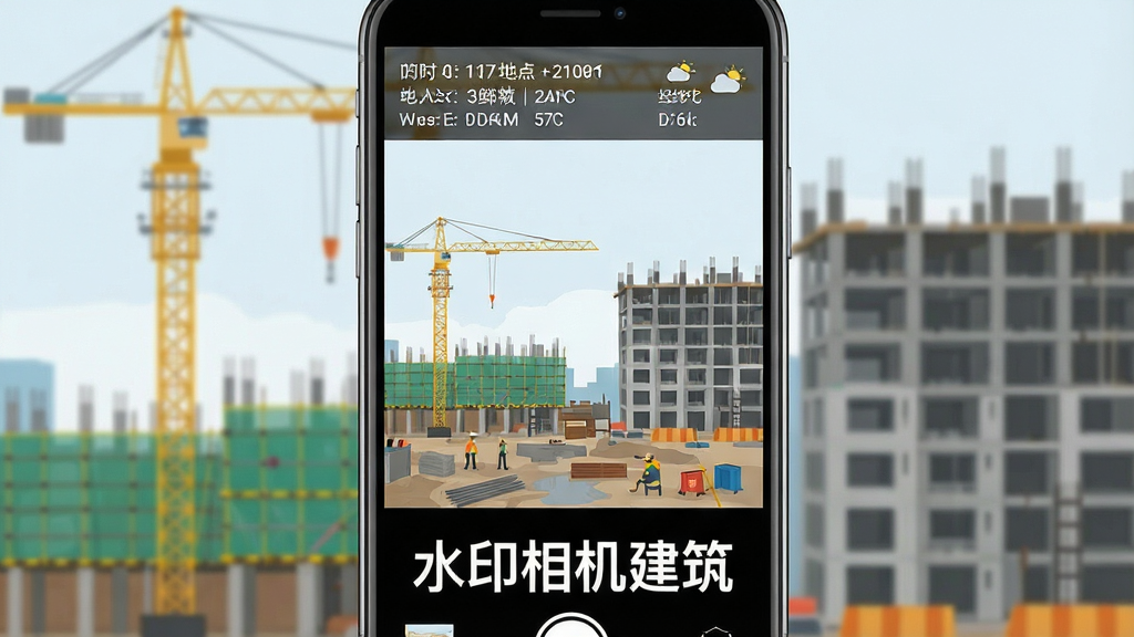 一张展示水印相机建筑应用主界面的手机截图风格图片,画面中央是手机屏幕,屏幕内显示相机取景框,取景框下方有醒目的“水印相机建筑”应用名称,取景框上方叠加了时间、地点、天气、经纬度等工程水印信息,背景是建筑工地场景,有塔吊和正在施工的楼体,整体布局清晰,风格现代扁平,画质干净,无多余元素