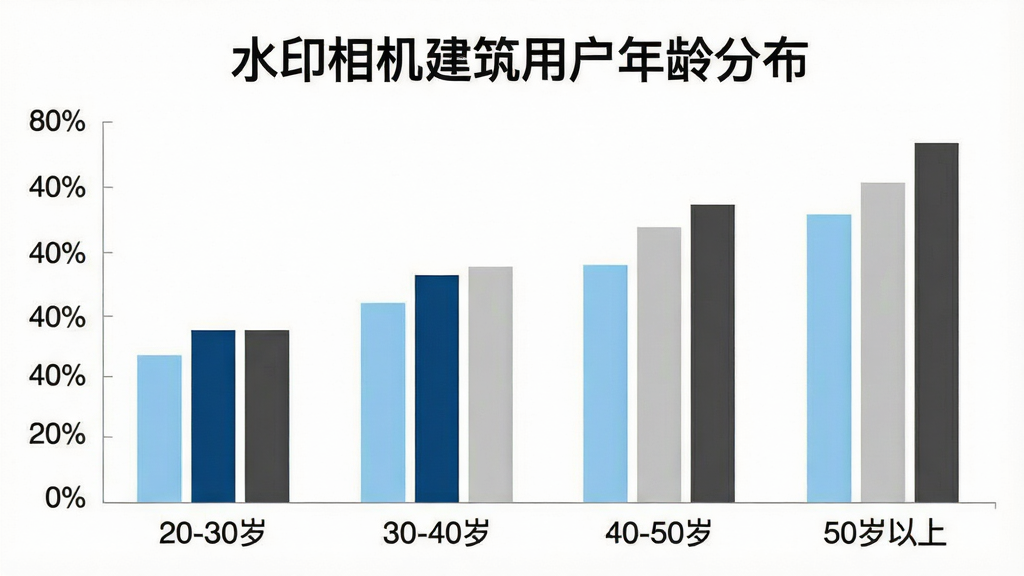 一张展示水印相机建筑用户年龄分布柱状图的图片,画面中柱状图横轴标注“20-30岁”“30-40岁”“40-50岁”“50岁以上”,纵轴标注百分比,柱子颜色分别为浅蓝、深蓝、浅灰、深灰,图表上方有“水印相机建筑用户年龄分布”标题,背景是纯白色,风格简洁数据可视化,画质干净,无多余元素