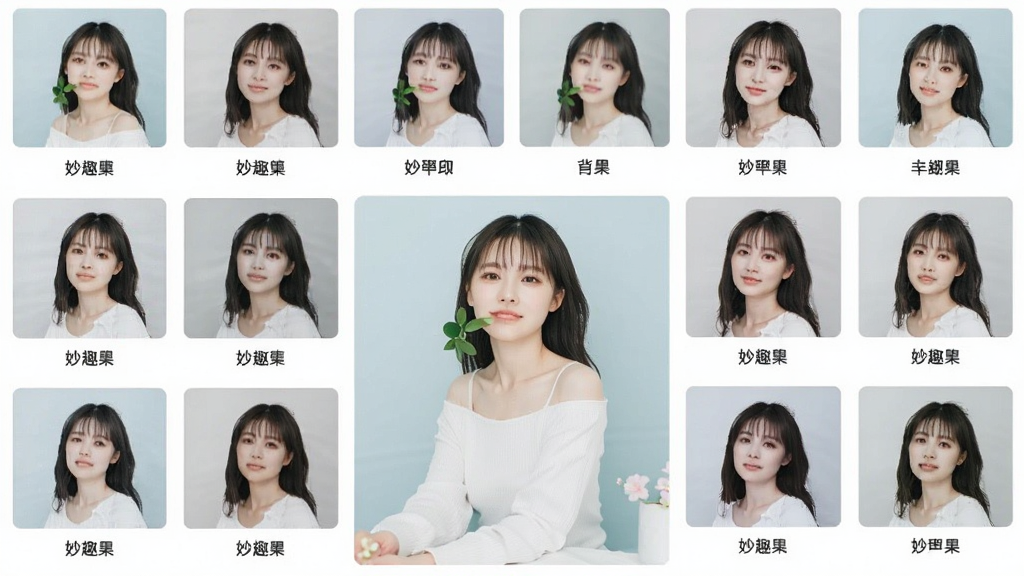 妙趣相机滤镜选择界面,手机屏幕展示多款滤镜缩略图排列成网格,每款滤镜下方有名称标签,画面中有一张人像照片作为预览效果,风格明亮清新,布局整齐,画质干净,无多余元素