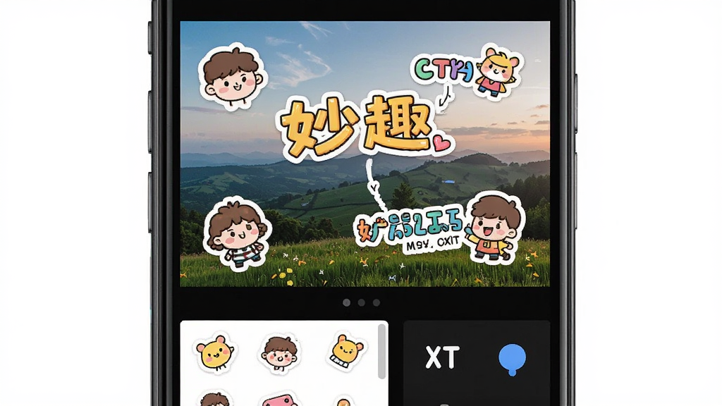 妙趣相机贴纸编辑界面,手机屏幕显示一张风景照片,照片上添加了卡通贴纸和艺术文字,下方有贴纸库和文字工具选项,界面活泼有趣,布局合理,画质干净,无多余元素