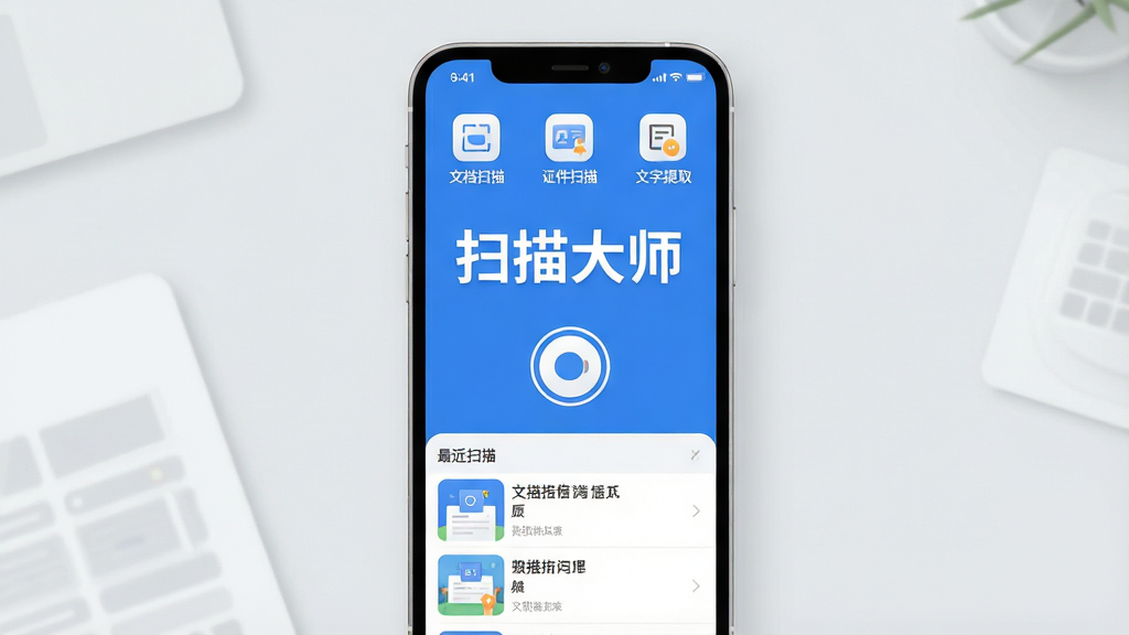 一张展示“扫描大师”手机应用主界面的图片,画面中央是一部竖屏手机,手机屏幕显示“扫描大师”四个大字,界面以蓝色和白色为主色调,顶部有“文档扫描”“证件扫描”“文字提取”三个功能图标,中间是一个醒目的相机拍摄按钮,下方是最近扫描记录的缩略图列表,背景是干净的浅灰色桌面,风格现代扁平,细节圆润,画质清晰干净,无多余元素