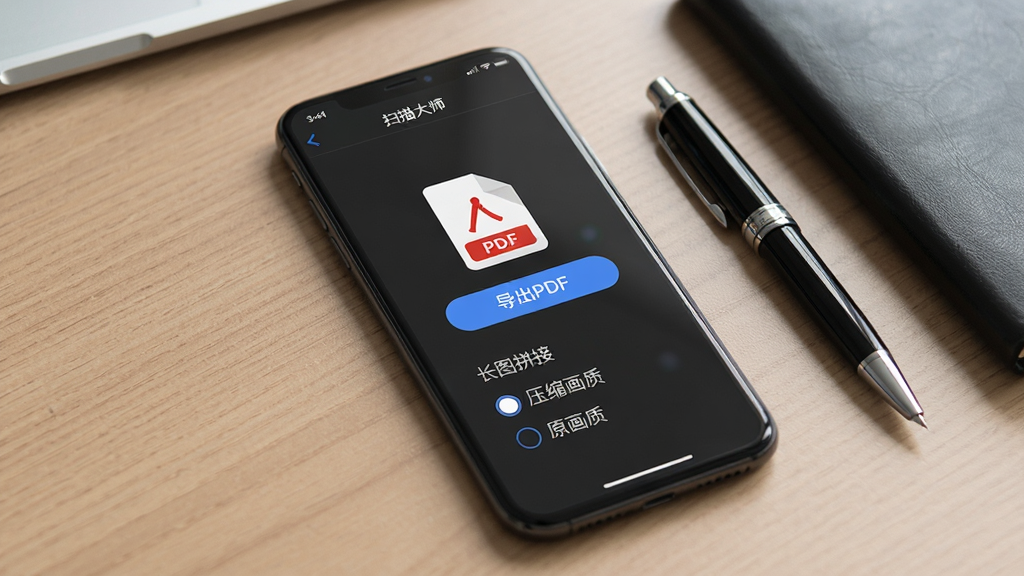 手机屏幕显示“扫描大师”的导出界面,屏幕中央是一个PDF文件图标和“导出PDF”按钮,下方有“长图拼接”“压缩画质”“原画质”三个选项,手机放在办公桌上,旁边有一支笔和一本笔记本,风格干净商务,画质清晰,无多余元素