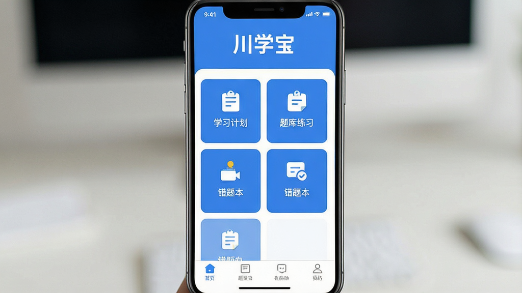 一张展示川学宝软件主界面的图片,画面中央是手机屏幕,屏幕内显示川学宝应用界面,顶部有川学宝文字标识,中间是功能卡片式布局,包含学习计划、题库练习、错题本等模块图标,底部为导航栏,整体配色以蓝白为主,风格简洁清爽,画质清晰,干净无多余元素