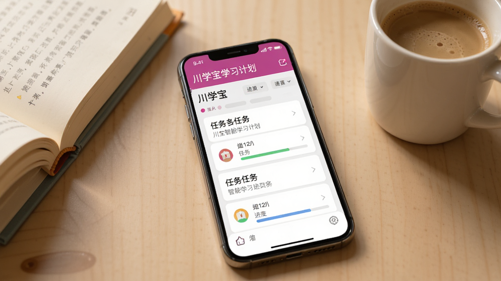 一张展示川学宝智能学习计划功能的图片,画面中一部手机放置在桌面上,屏幕显示川学宝学习计划页面,上面有按日期排列的任务列表和进度条,旁边有书本和咖啡杯作为点缀,整体风格温馨简洁,画质清晰,文字内容为中文,干净无多余元素