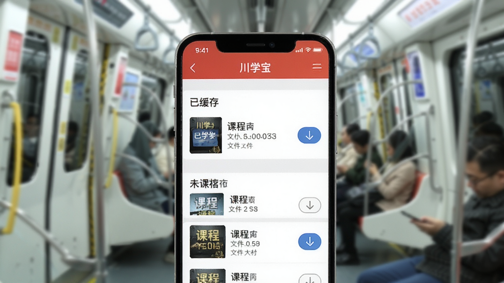 一张展示川学宝离线缓存功能的图片,画面中手机屏幕显示川学宝下载管理界面,有已缓存和未缓存的课程列表,每个条目旁边有下载按钮和文件大小标注,背景是地铁车厢场景虚化,整体风格现代扁平,画质干净,文字为中文,无多余元素