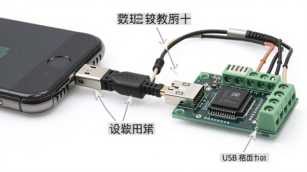 一张手机通过OTG线连接串口模块的实拍示意图,画面中标注了手机OTG接口、转接线、USB转串口模块、设备接线端子,用箭头和文字标签说明连接顺序,风格为教学图解,布局清晰,细节明确,画质干净,无多余元素。