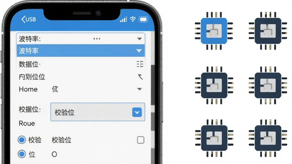 USB串口调试助手参数设置界面截图风格图片,画面中手机屏幕显示波特率选择列表、数据位下拉菜单、校验位选项,界面简洁清晰,旁边用图标示意不同芯片型号,整体风格扁平化科技蓝,布局整齐,细节明确,画质干净,无多余元素。