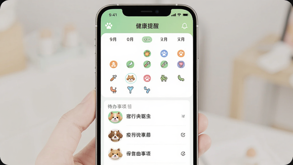 宠行宝App的健康提醒界面,手机屏幕显示一个日历视图,上面标记了驱虫、疫苗、体检等不同颜色的圆点,下方是待办事项列表,每项前面有宠物小头像。界面风格清爽,以白色和浅绿色为主,图标圆润,画质干净,无多余元素。