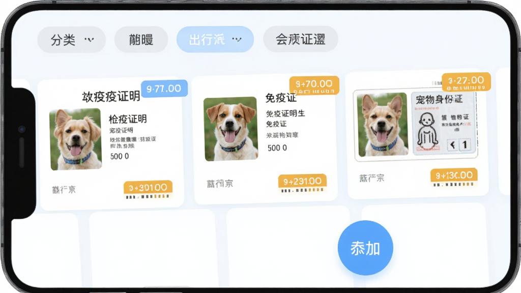 宠行宝App的出行证件管理界面,手机屏幕显示多张宠物证件卡片,包括检疫证明、免疫证、宠物身份证,每张卡片上有证件照片缩略图和到期倒计时标签。屏幕上方有分类筛选按钮,下方有添加证件的圆形按钮。背景是干净的白色和浅蓝色,风格扁平化,图标简洁,画质清晰,无多余元素。