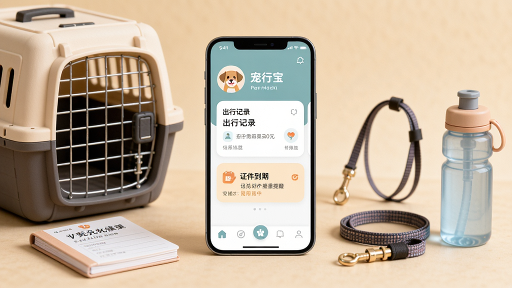 宠行宝是一款宠物出行与健康档案管理工具,画面中央展示一部手机,手机屏幕上是宠行宝App的首页界面,顶部显示宠物头像和名字,中间是出行记录卡片和证件到期提醒,底部是导航栏。手机周围环绕着宠物航空箱、疫苗本、牵引绳、宠物水壶等物品,背景是温暖的浅米色,风格清新简约,细节柔和圆润,画质干净清晰,无多余元素。