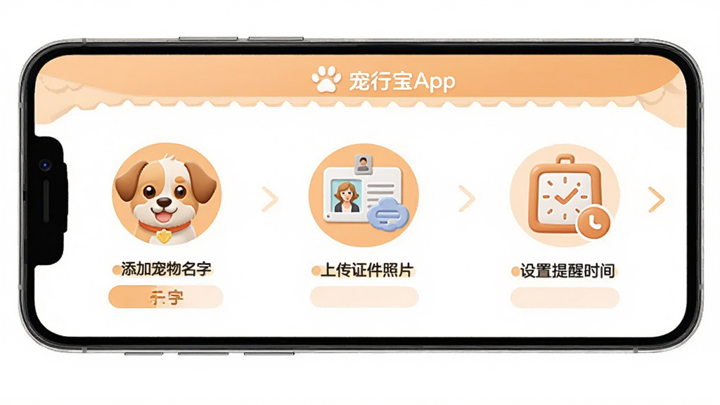 宠行宝App的新手引导界面,手机屏幕显示三个步骤的图示,第一步添加宠物头像和名字,第二步上传证件照片,第三步设置提醒时间。每一步都有简单的文字说明和图标,界面风格友好,以浅橙色和白色为主,画质清晰,无多余元素。