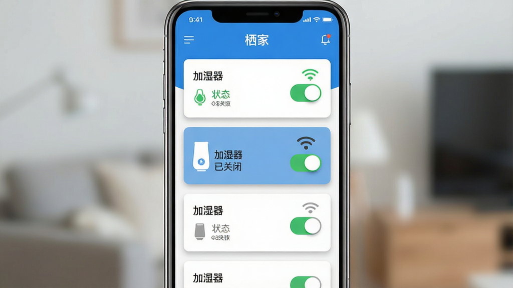 一张展示“栖家”App远程控制界面的手机图片。画面中央是一部手机,屏幕显示“栖家”App的远程控制页面,页面上有多个设备卡片,每个卡片显示设备名称、状态图标和开关按钮,其中一个卡片显示“加湿器 已关闭”,旁边有远程控制的信号图标。布局为手机居中,卡片垂直排列。排版整洁,信息一目了然。风格为现代扁平化,蓝白配色。细节上,卡片有轻微阴影,开关按钮有绿色和灰色状态。画质干净,无多余元素。