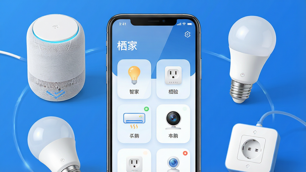 一张展示智能家居控制中心场景的手机界面图。画面中央是一部现代智能手机,屏幕亮起,显示“栖家”App的主控制面板,面板上整齐排列着智能灯泡、智能插座、空调和摄像头等设备图标,设备状态清晰可见。手机周围环绕着简约风格的智能家居设备实物,如白色智能音箱、智能灯泡和智能插座。布局为手机居中,设备环绕周围呈半圆形排列。排版简洁,主次分明。风格为现代科技感,色彩以蓝白为主色调,干净明亮。细节上,手机屏幕有轻微反光,设备图标有柔和的圆角。画质清晰,干净无多余元素。