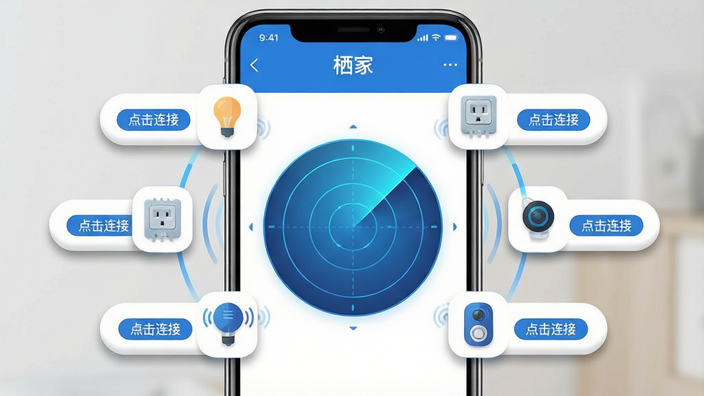 一张展示“栖家”App设备添加界面的手机截图风格图片。画面中央是一部手机,屏幕显示“栖家”App的添加设备页面,页面上有一个动态扫描的雷达动画,周围浮现出多个智能设备的小图标,如灯泡、插座、传感器等,每个图标旁有“点击连接”的按钮。布局为手机居中,扫描动画在屏幕中央,设备图标环绕在雷达圈上。排版清晰,重点突出。风格为扁平化科技风,蓝色和白色为主色调。细节上,图标有轻微的阴影和圆角,雷达动画有渐变色。画质干净,无多余元素。