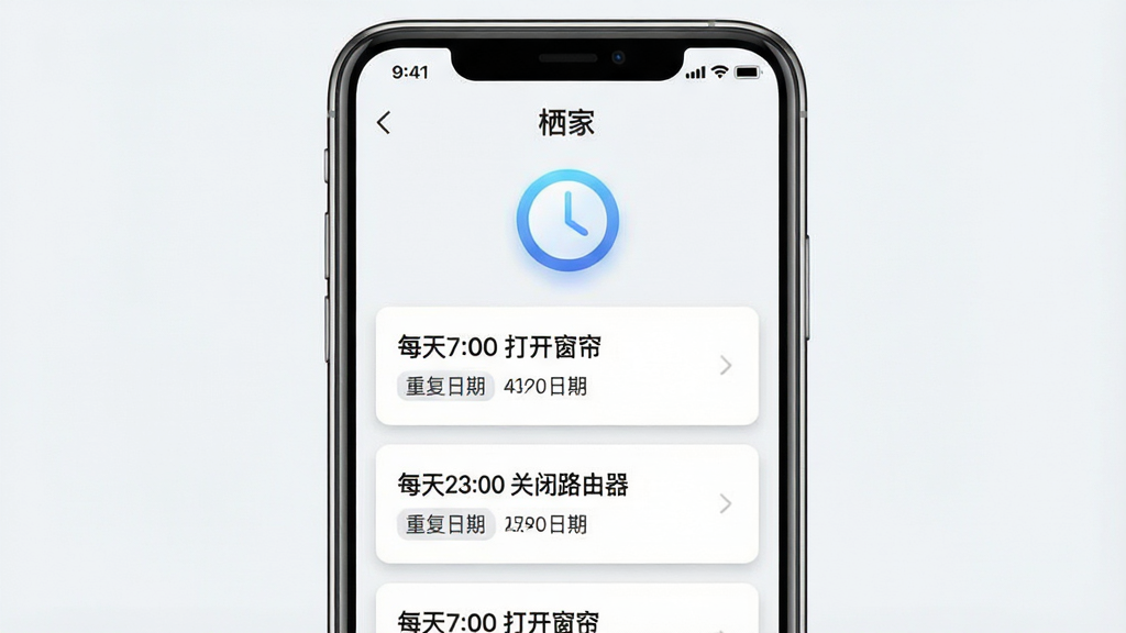 一张展示“栖家”App定时任务设置界面的手机图片。画面中央是一部手机,屏幕显示“栖家”App的定时页面,页面上有一个时钟图标,下方列出多个定时任务,如“每天7:00 打开窗帘”、“每天23:00 关闭路由器”,每个任务旁有重复日期的标签。布局为手机居中,任务列表垂直排列。排版清晰,信息直观。风格为简约实用风,浅色背景,任务卡片为白色。细节上,时钟图标有蓝色渐变,任务卡片有轻微阴影。画质干净,无多余元素。