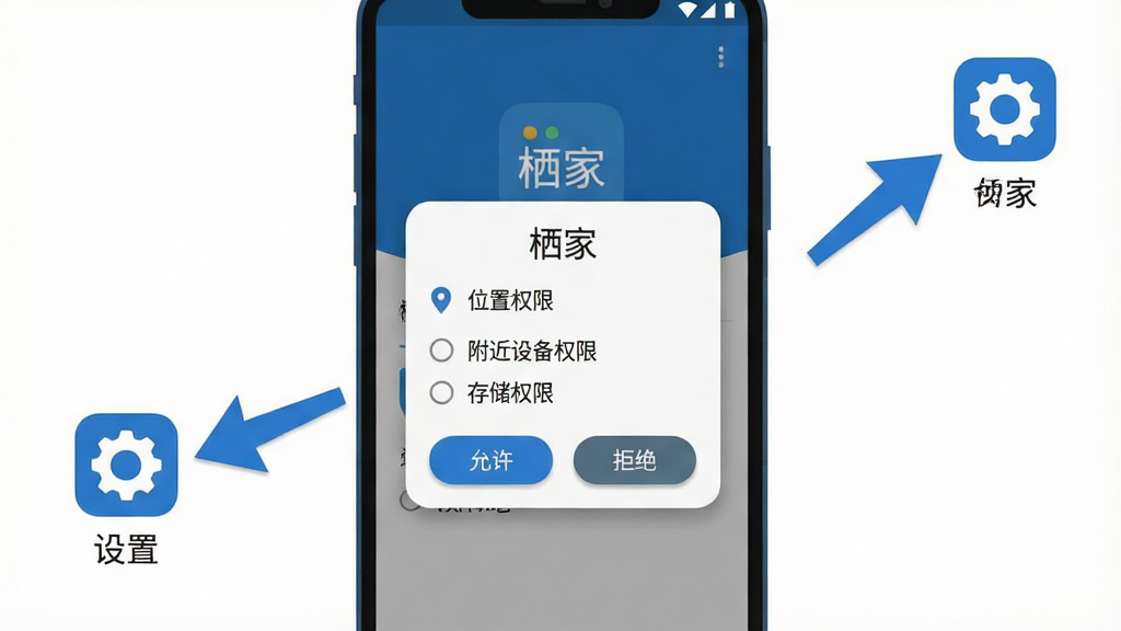 一张展示“栖家”App在安卓手机上安装和权限设置的示意图。画面中央是一部手机,屏幕显示“栖家”App的权限请求弹窗,上面有“位置权限”、“附近设备权限”和“存储权限”的选项,下方有“允许”和“拒绝”按钮。手机旁边有一个指示箭头指向“设置”图标。布局为手机居中,箭头从手机指向右上角的设置图标。排版清晰,重点突出。风格为扁平化说明图,蓝色和白色为主。细节上,弹窗有轻微阴影,按钮有圆角。画质干净,无多余元素。