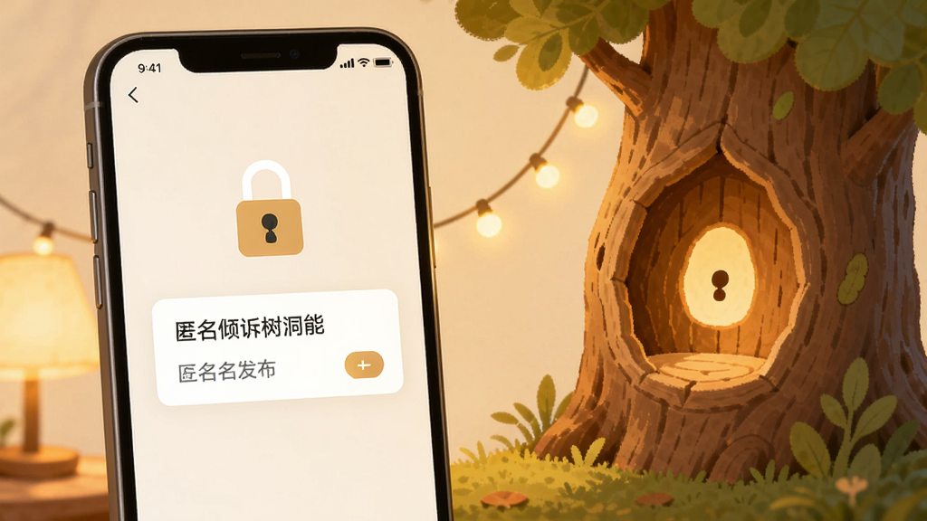 一张展示两性聊聊爱匿名倾诉树洞功能的图片,画面主体是一个手机屏幕,屏幕内显示一个带有锁形图标的匿名发布框,旁边有温暖的灯光和树洞的插画元素,风格治愈系,画质干净,无多余元素