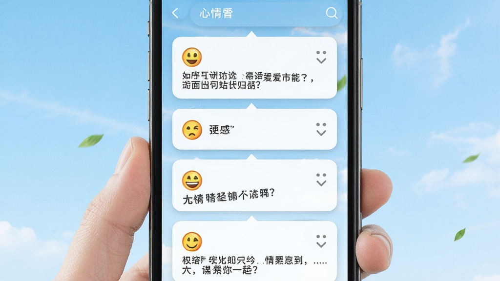一张展示两性聊聊爱心情广场功能的图片,画面是一个手机屏幕,屏幕内显示瀑布流式的心情动态卡片,每张卡片带有心情表情和文字,背景是明亮的天空色,风格清新自然,画质干净,无多余元素