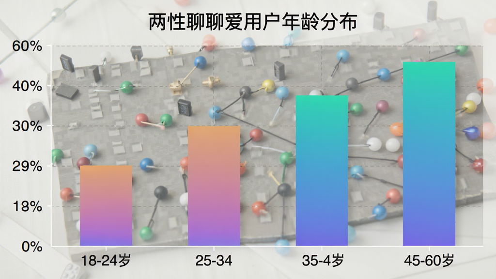 一张展示两性聊聊爱用户年龄分布的柱状图,横轴是年龄段18-24岁、25-34岁、35-44岁、45-60岁,纵轴是用户占比百分比,柱状图颜色为渐变色,图表标题为“两性聊聊爱用户年龄分布”,风格数据可视化,画质清晰,无多余元素