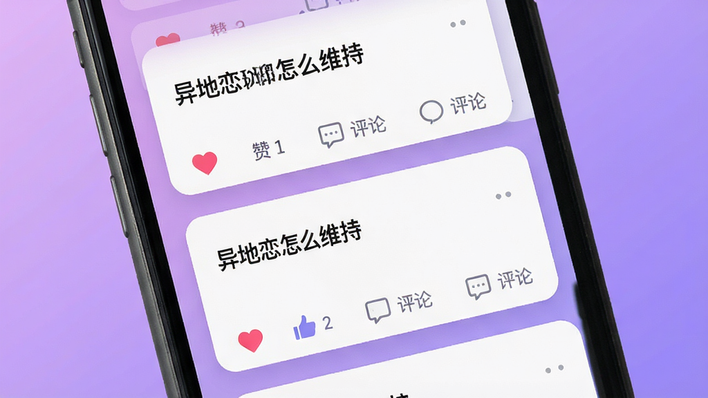 一张展示两性聊聊爱话题讨论区的图片,画面是一个手机屏幕特写,屏幕内显示多个情感话题卡片,如“异地恋怎么维持”,卡片下方有点赞和评论图标,背景是柔和的紫色渐变,风格现代扁平,画质清晰,无多余元素