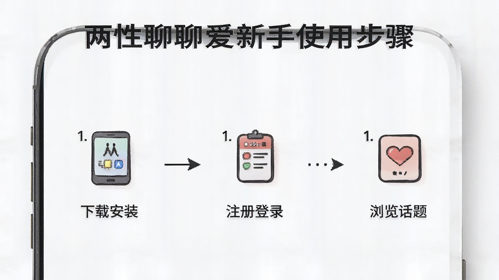 一张展示两性聊聊爱新手使用步骤的图片,画面是一个手机屏幕,屏幕内显示从下载安装到注册登录再到浏览话题的流程示意图,每一步都有清晰的图标和文字标注,风格简约教程风,画质清晰,无多余元素