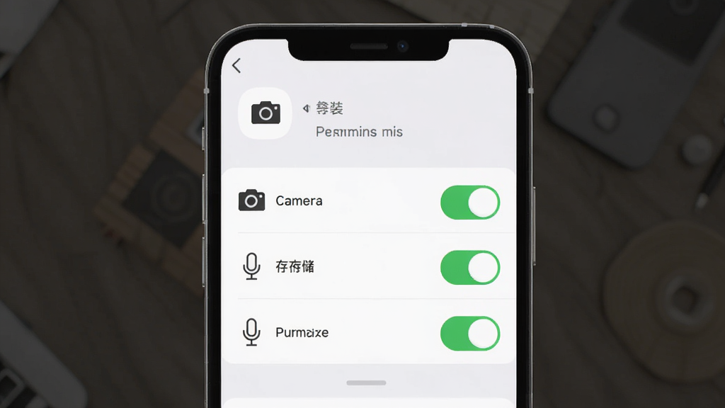 古灵相机安装权限设置示意图,手机屏幕显示应用权限管理界面,相机、存储、麦克风三个权限开关处于开启状态,界面布局清晰,风格简洁现代,画质干净无多余元素