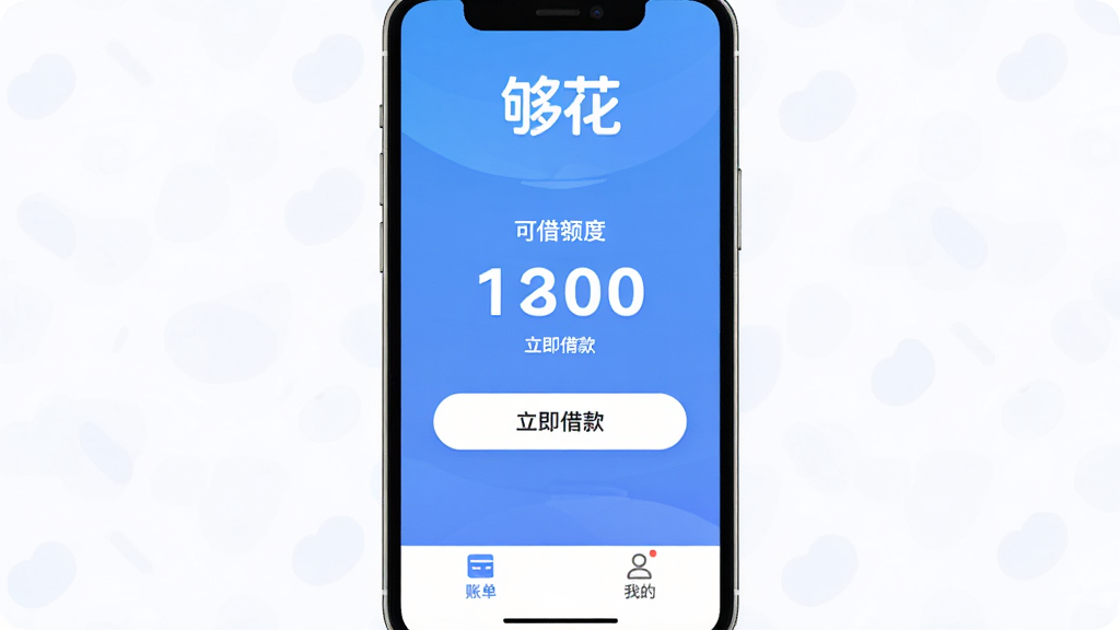 够花借款App主界面截图,手机屏幕中央显示蓝色渐变背景,顶部有