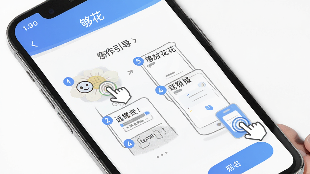 够花App操作引导界面截图,手机屏幕显示