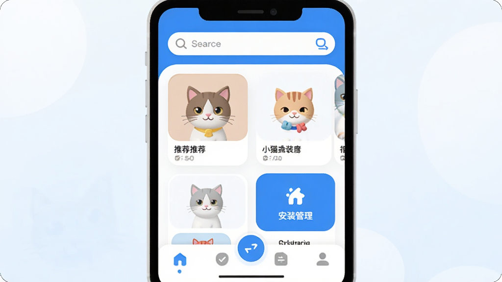 小猫助装应用主界面展示,画面中央是一个简约干净的手机屏幕,屏幕内显示小猫助装app的首页布局,顶部有搜索框,中间是推荐应用卡片和安装管理入口,底部为导航栏,整体采用蓝白配色,风格清新扁平,细节圆润,画质清晰干净无多余元素,背景为浅色渐变,突出软件核心功能全貌
