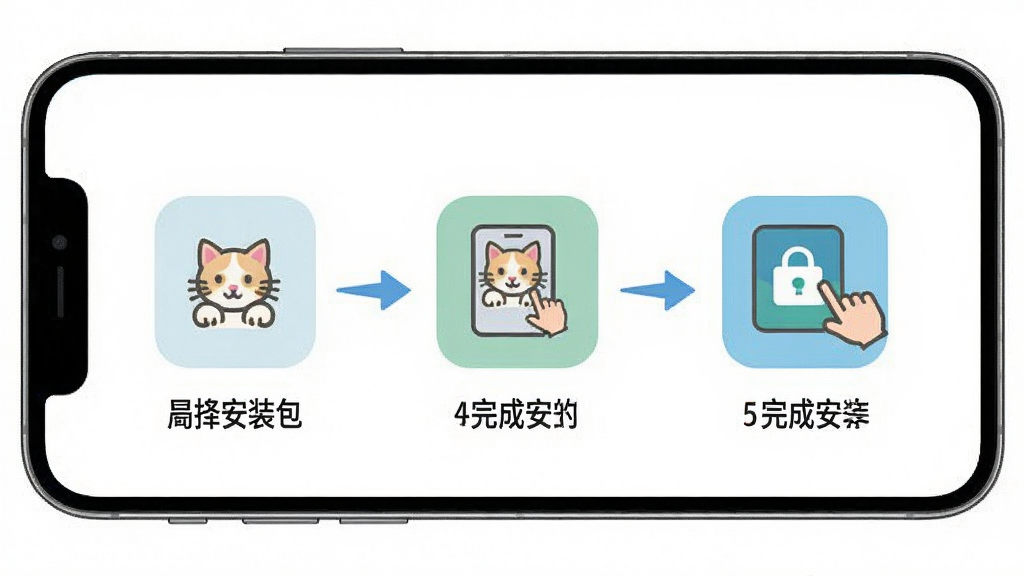 小猫助装安装操作步骤示意图,画面以手机屏幕为载体,分步骤展示从选择安装包到完成安装的流程,每一步都有清晰的图标和简短文字说明,整体布局条理分明,配色清爽,风格简洁直观,画质干净无杂乱背景