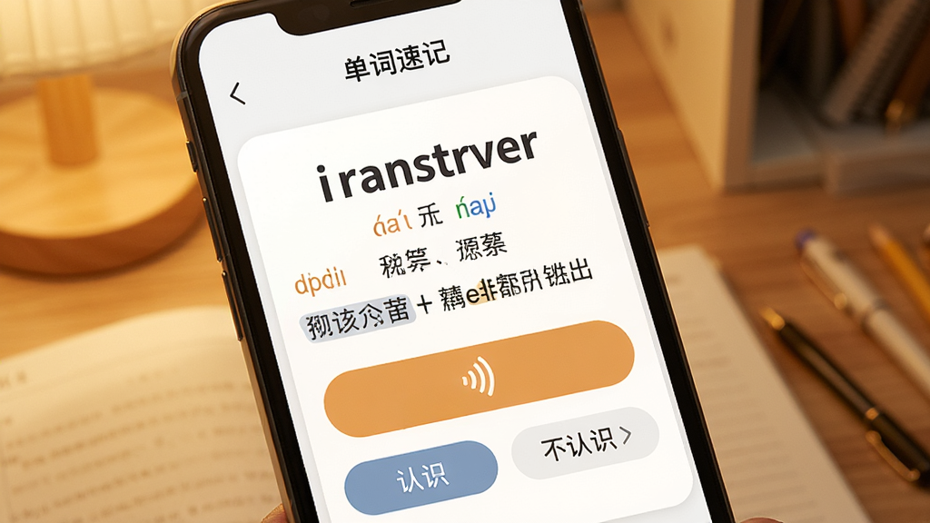 一张“单词速记”学习卡片特写图,画面中手机屏幕显示一个英文单词、音标、中文释义和例句,下方有发音按钮和“认识”“不认识”选项,背景是暖色调书桌,风格温馨简洁,画质细腻,无多余元素