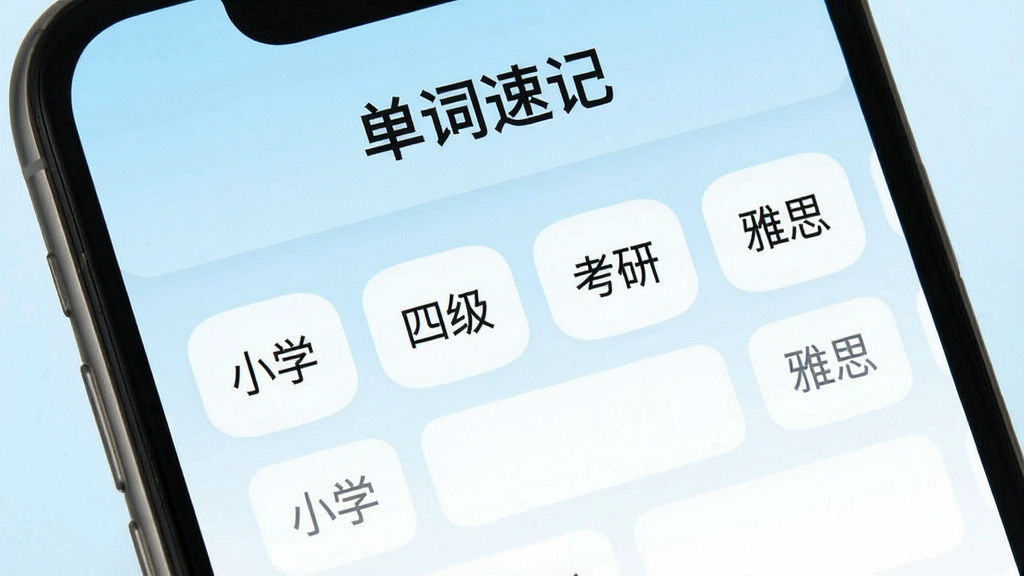 一张展示“单词速记”词库选择界面的图片,画面中手机屏幕显示多个词书分类标签,如“小学”“四级”“考研”“雅思”,标签整齐排列,背景是浅蓝色渐变,风格干净清爽,画质清晰,无杂乱元素