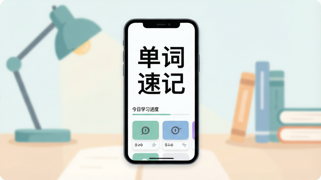 一张简洁现代的软件界面全景图,画面中央是手机屏幕,屏幕内显示“单词速记”四个大字,下方排列着今日学习进度和单词卡片,背景是柔和的书桌场景,有台灯和几本书,风格清新扁平,细节圆润,画质干净,无多余元素