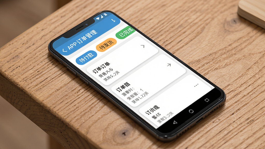 主体是一部安卓手机放在木质桌面上,屏幕中显示e聚农宝APP的订单管理页面,页面布局是上方有订单状态标签如“待付款”“待发货”“已完成”,下方是订单列表卡片,排版整齐,风格是简约卡片式设计,细节上卡片有圆角和阴影,画质干净无多余元素