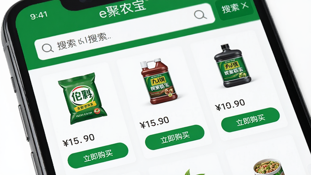 主体是一个手机屏幕,屏幕中显示e聚农宝的农资商城页面,页面布局是上方有搜索框,中间是商品列表,列表项包含化肥袋和农药瓶的缩略图,旁边有价格和“立即购买”按钮,排版整齐,风格是简洁的电商列表风,细节上商品图片清晰,画质干净无多余元素