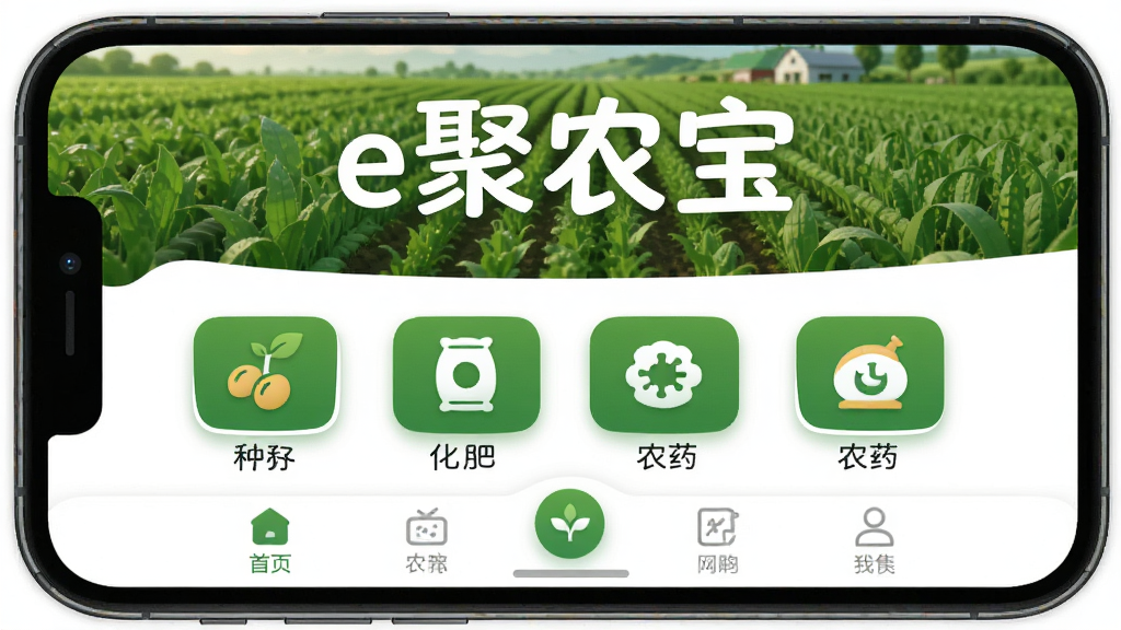 主体是一个手机屏幕,屏幕中显示e聚农宝APP的首页界面,界面顶部有绿色的农田背景图和“e聚农宝”四个白色大字,中间是农资商品分类图标如种子、化肥、农药,底部是导航栏,布局清晰,排版简洁,风格是扁平化现代设计,细节上图标圆润、色彩以绿色和白色为主,画质干净无多余元素