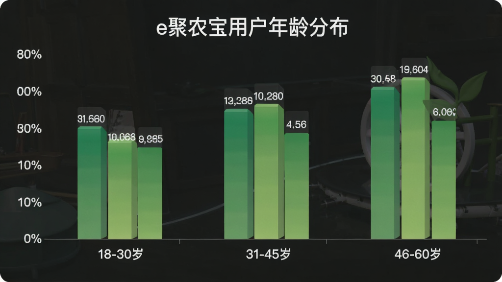 主体是一个柱状图,横轴是年龄段分为18-30岁、31-45岁、46-60岁,纵轴是用户占比百分比,柱状图颜色为绿色渐变,图表上方有标题“e聚农宝用户年龄分布”,布局居中,排版清晰,风格是扁平化数据可视化,细节上柱体有数值标签,画质干净无多余元素