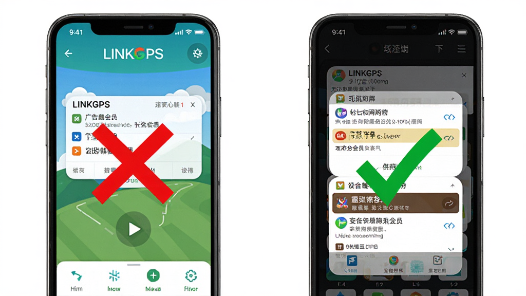 LINKGPS无广告无会员特色展示,主体为手机屏幕对比图,左侧显示清爽的LINKGPS界面右侧显示其他软件广告弹窗界面,布局为左右对比排版,风格为直观对比风格,细节包括红色叉号标记广告和绿色对勾标记清爽界面,画质高清干净无多余元素