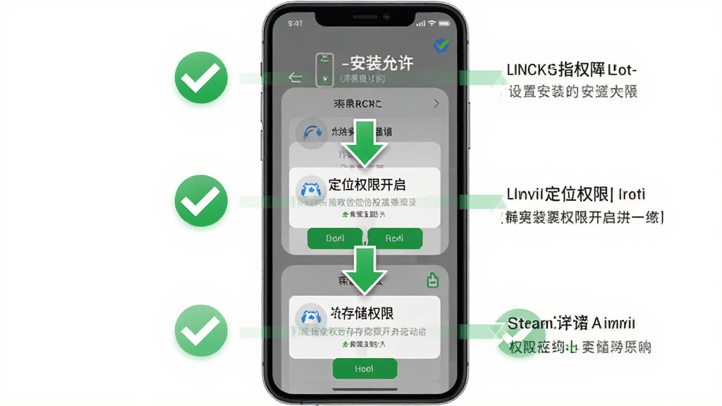 LINKGPS新手安装设置操作指引图,主体为手机屏幕上的权限设置界面截图风格示意图,布局为从上到下依次展示安装允许、定位权限开启、存储权限开启三个步骤,排版为纵向流程图,风格为教程指引风格,细节包括绿色对勾标记和箭头引导,画质高清干净无多余元素